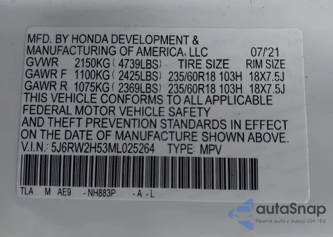 2021 Honda Cr-V Awd Ex z USA, uszkodzony, nr VIN 5J6RW2H53ML025264